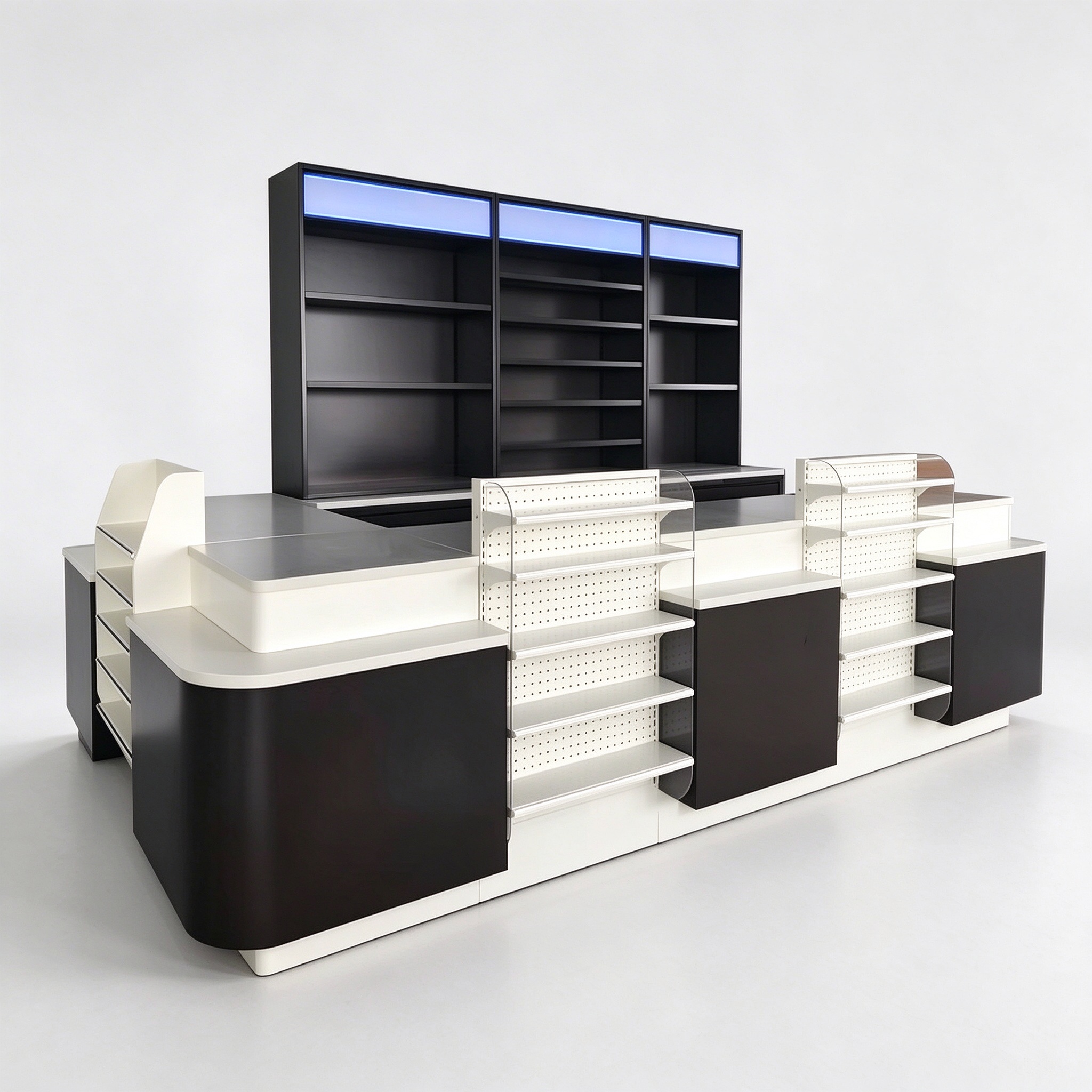 Black and White Supermarket Checkout Counter with Perforated Front Shelves