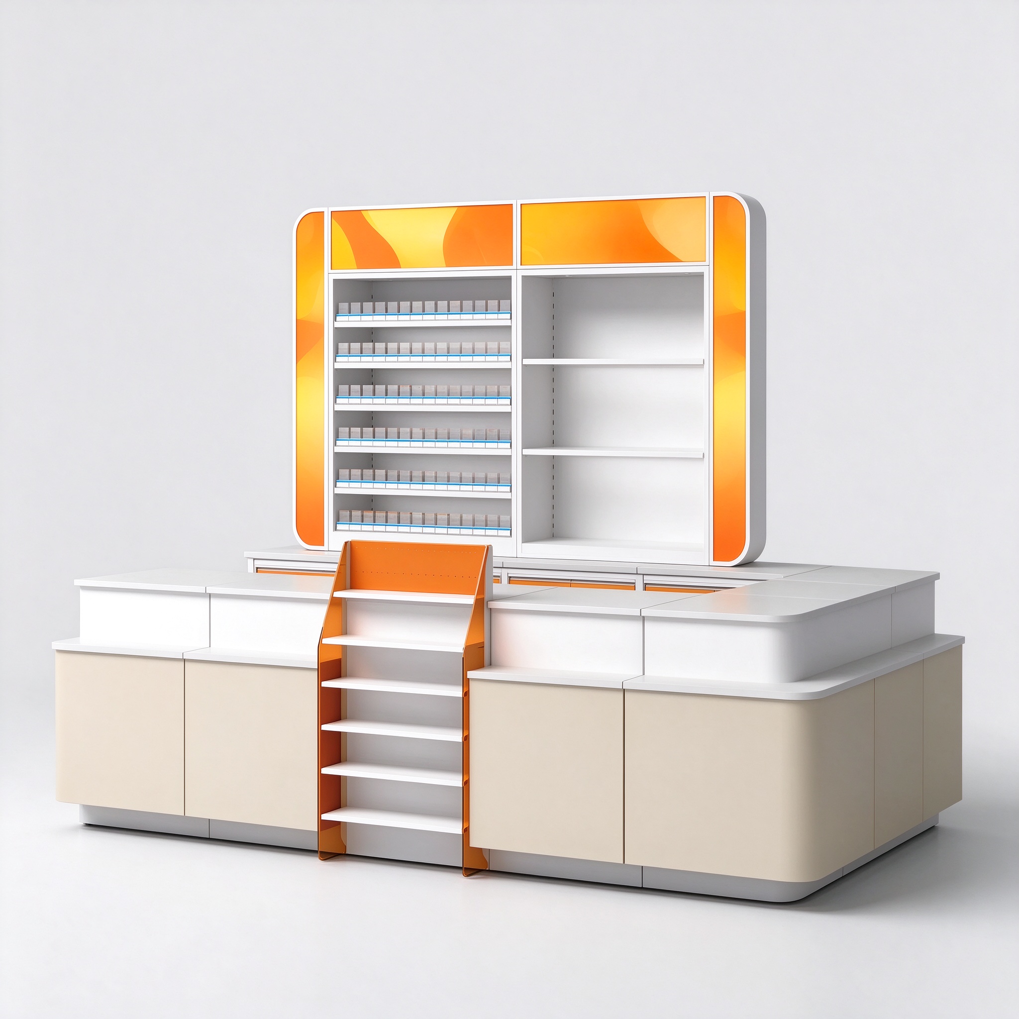 Checkout Counter with Orange Accent Tobacco Display Shelving