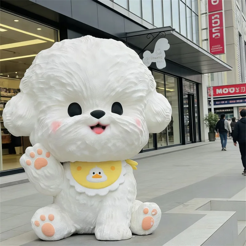 Adorable Waving Bichon Frise FRP Sculpture | Lovely IP Dog Figurine | Indoor & Outdoor Decor for Mall, Park & Pet Store