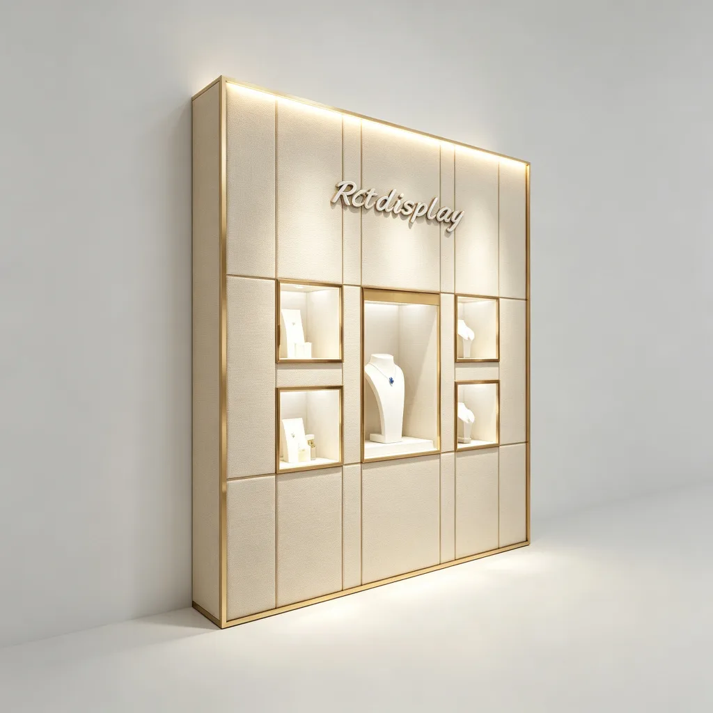 Beige Linen Fabric Wall Jewelry Display Cabinet Gold Trim Five LED Niches — view 2