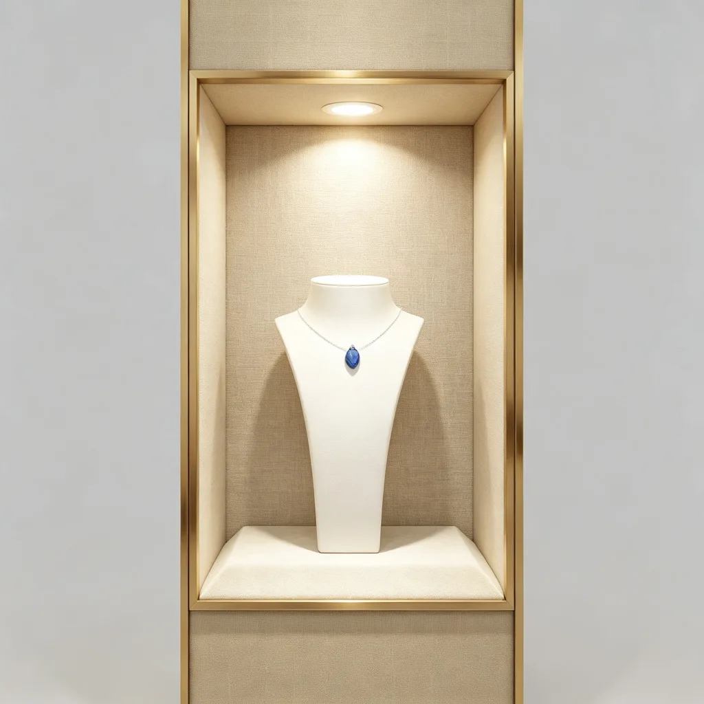 Beige Linen Fabric Wall Jewelry Display Cabinet Gold Trim Five LED Niches — view 3