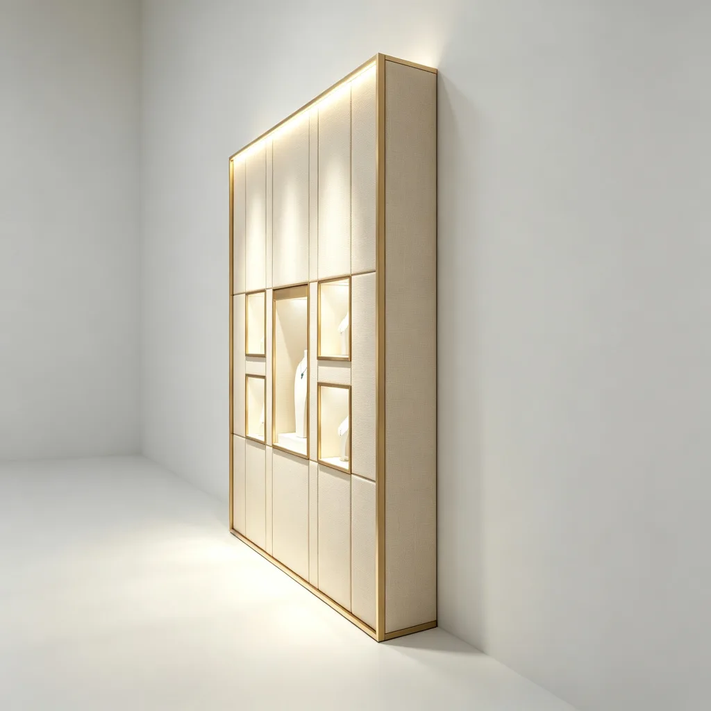 Beige Linen Fabric Wall Jewelry Display Cabinet Gold Trim Five LED Niches — view 4