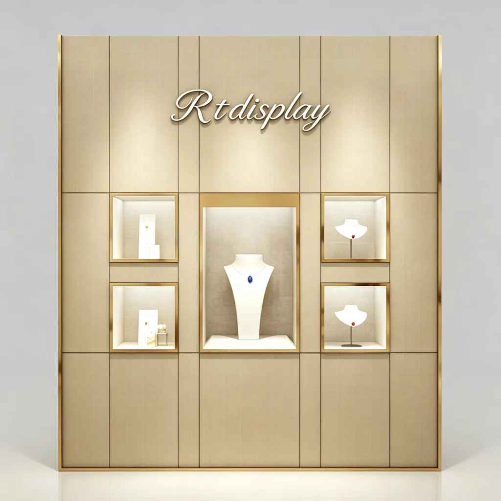 Beige Linen Fabric Wall Jewelry Display Cabinet Gold Trim Five LED Niches