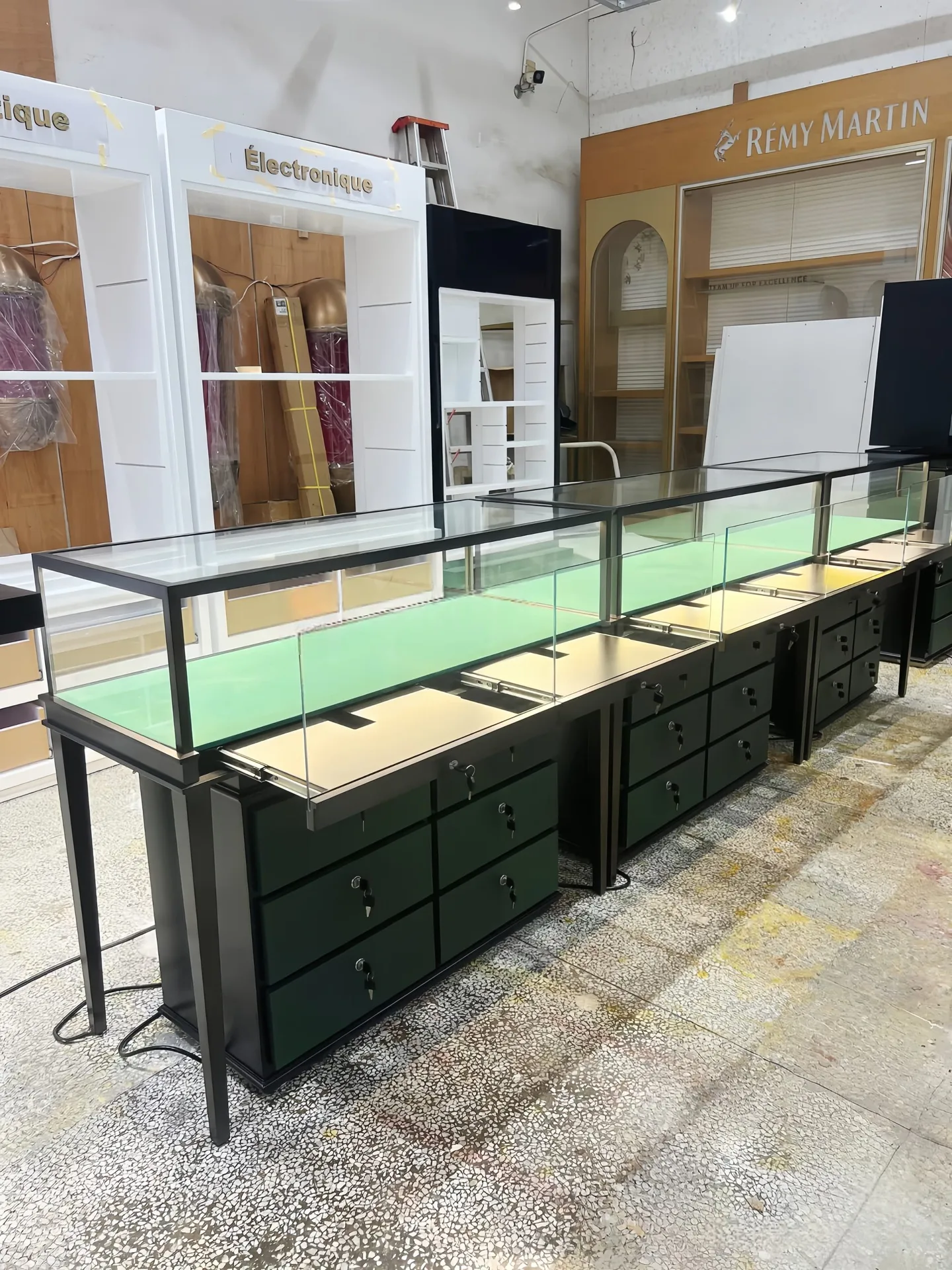 Black and Green Jewelry Display Showcase Set | Four-Leg Stand & Multi-Drawer Counter — view 6