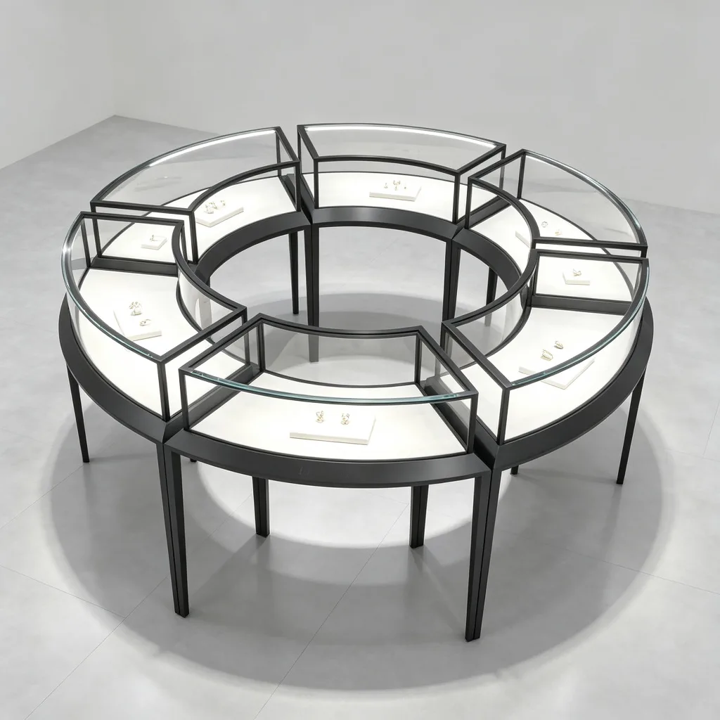 Dark-frame curved jewelry showcases forming a ring-shaped display arrangement