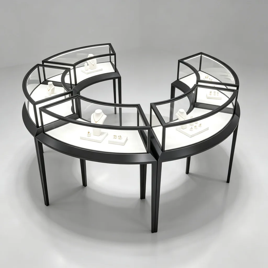 Black curved glass jewelry display modules arranged around a central opening