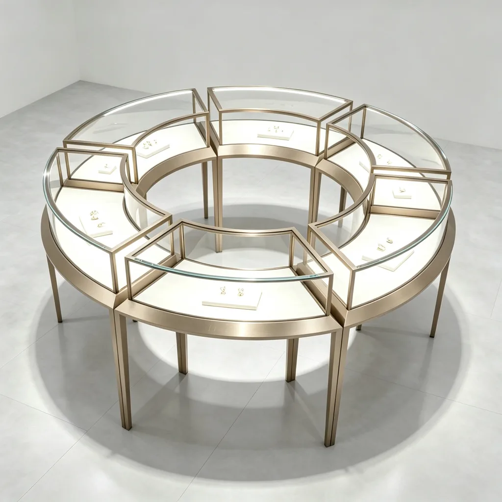 Gold-tone curved jewelry showcases arranged as a circular display island