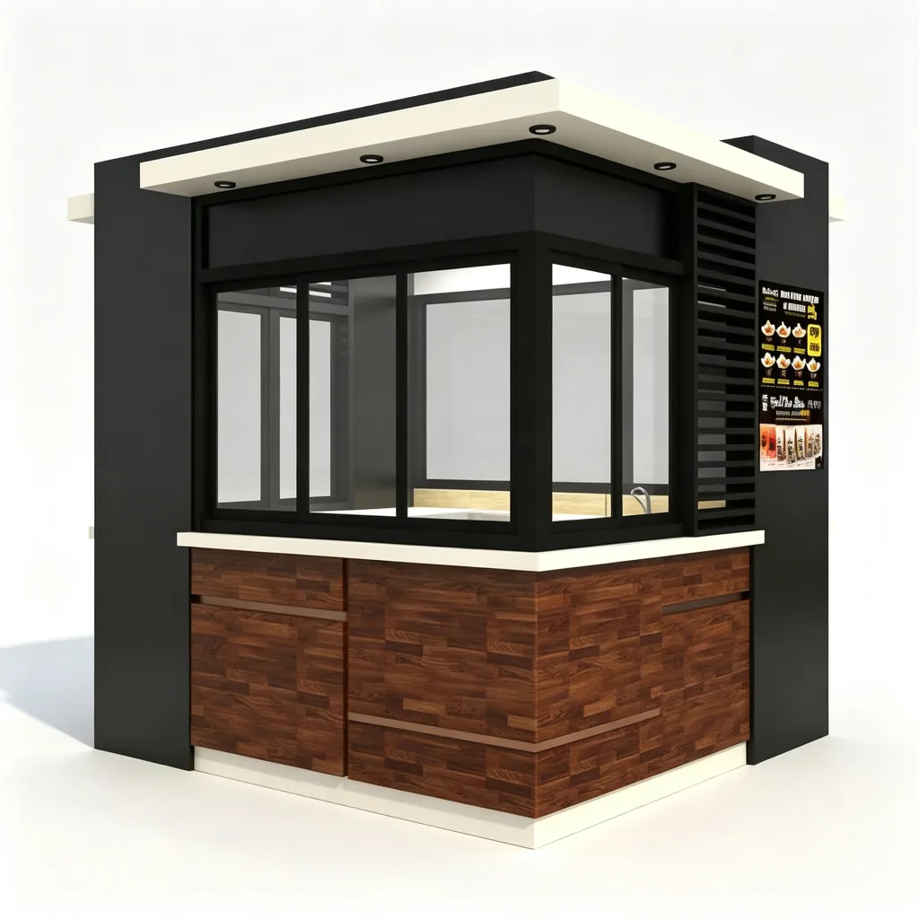 Black Light Wood Modern Fast Food Kiosk with Dual Glass Serving Windows — view 3