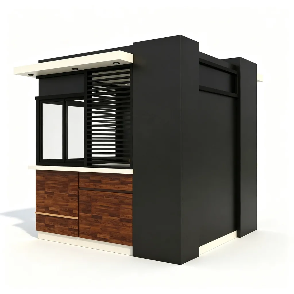Black Light Wood Modern Fast Food Kiosk with Dual Glass Serving Windows — view 4
