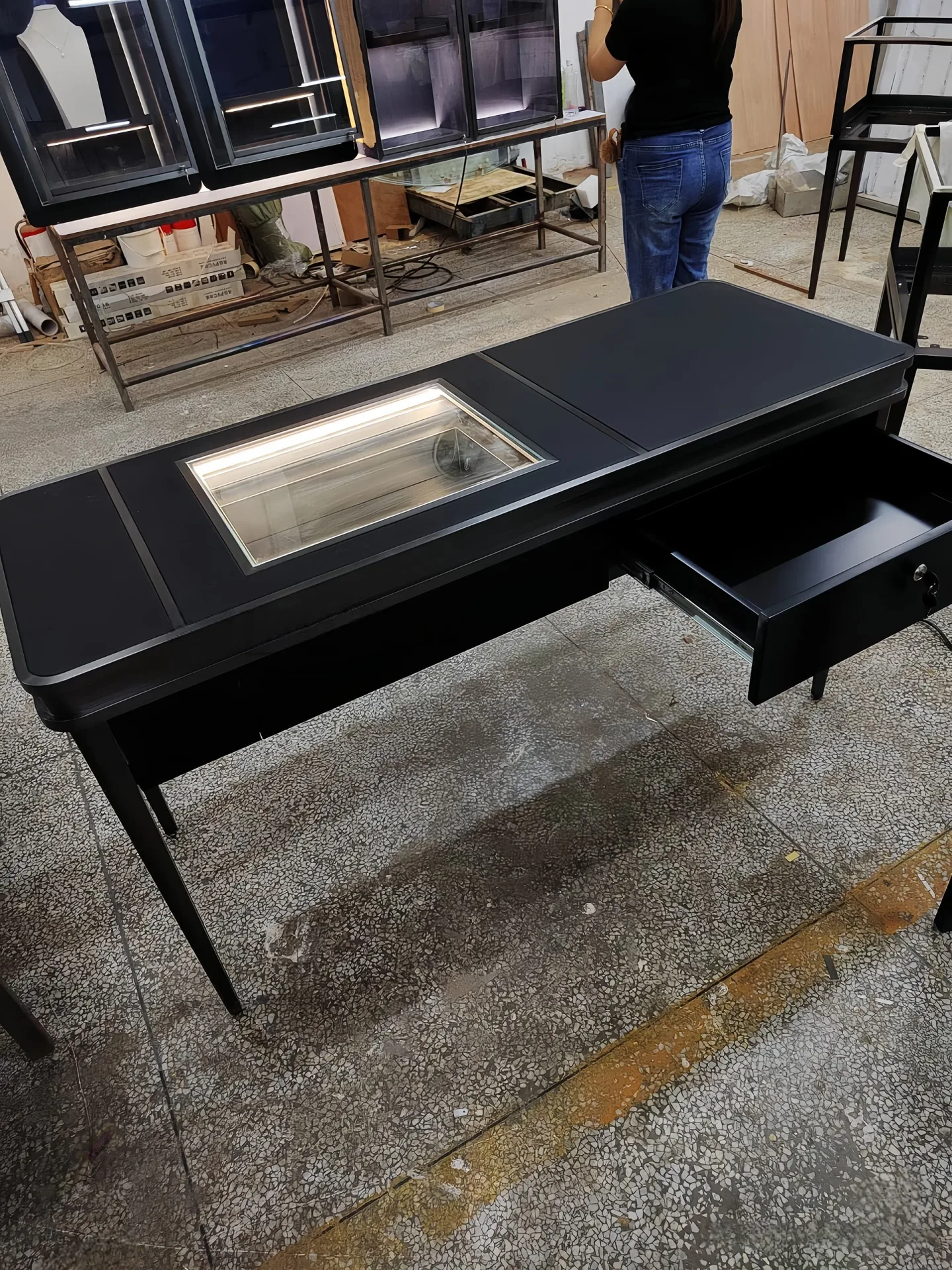 Black Modern Display Desk with Built-in LED Glass Showcase and Storage Drawer — view 2