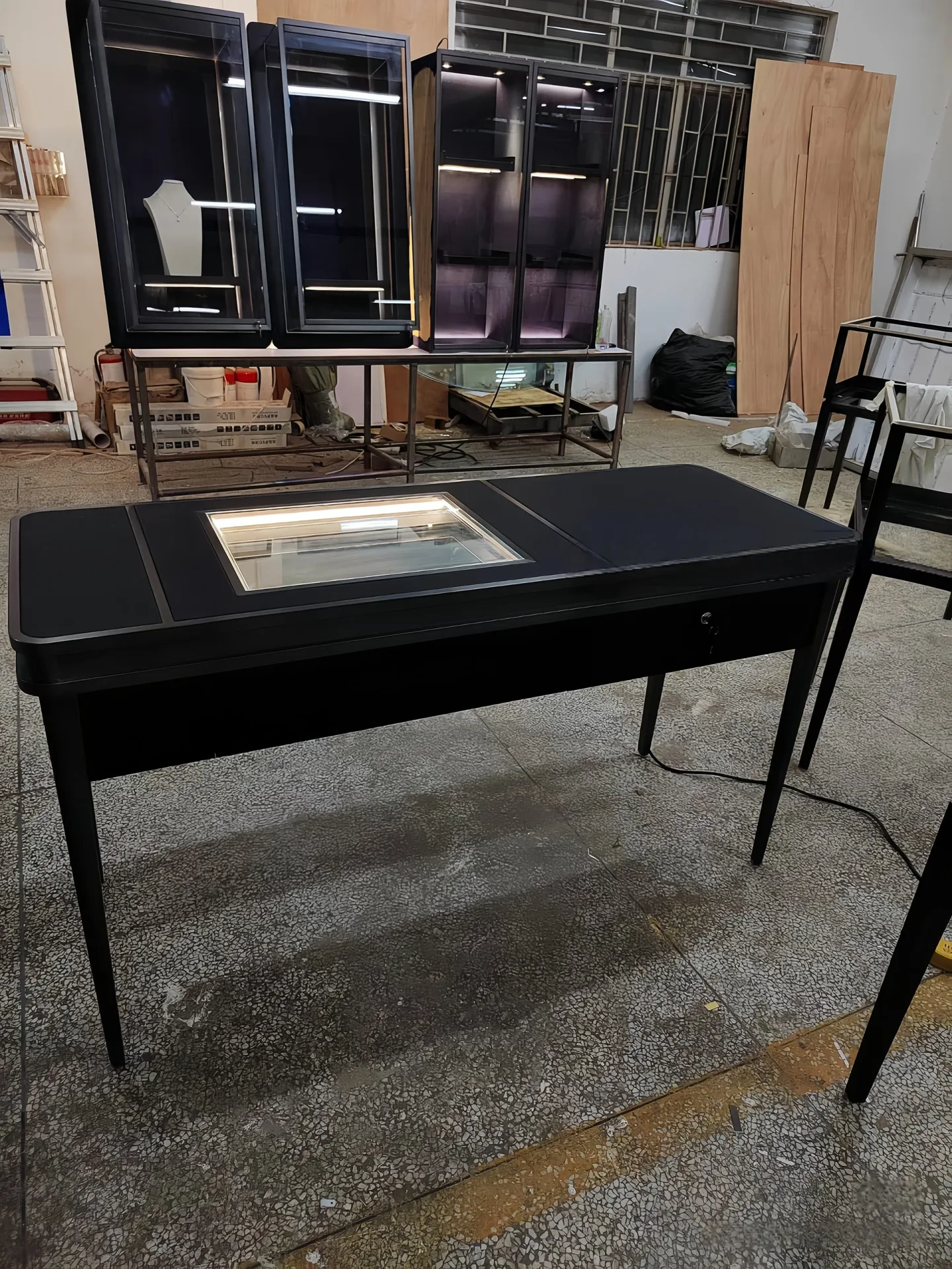Black Modern Display Desk with Built-in LED Glass Showcase and Storage Drawer — view 3