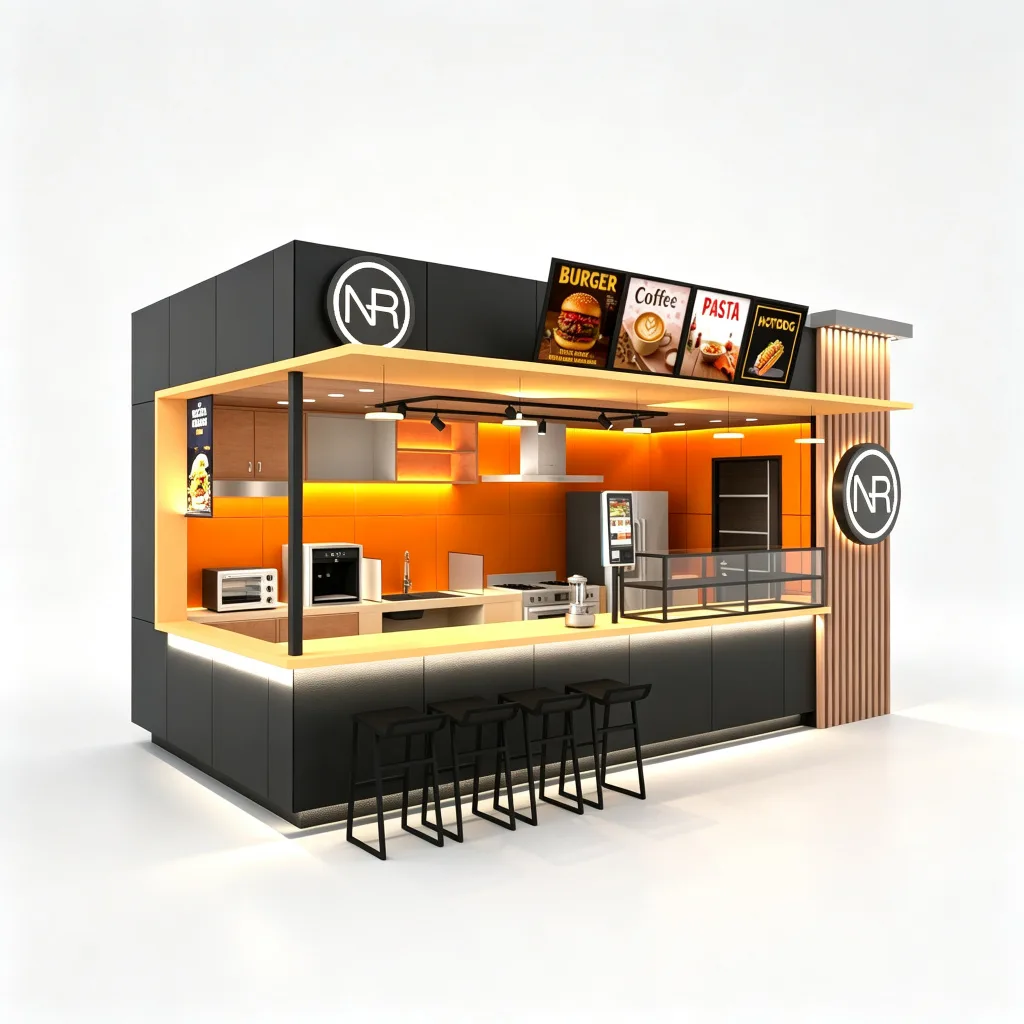 Black Orange Fast Food Kiosk with Bar Seating and Full Commercial Kitchen — view 3