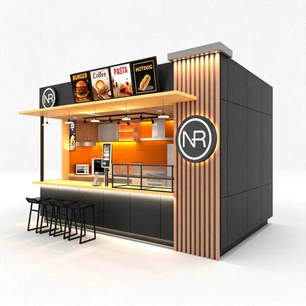 Black Orange Fast Food Kiosk with Bar Seating and Full Commercial Kitchen — view 4