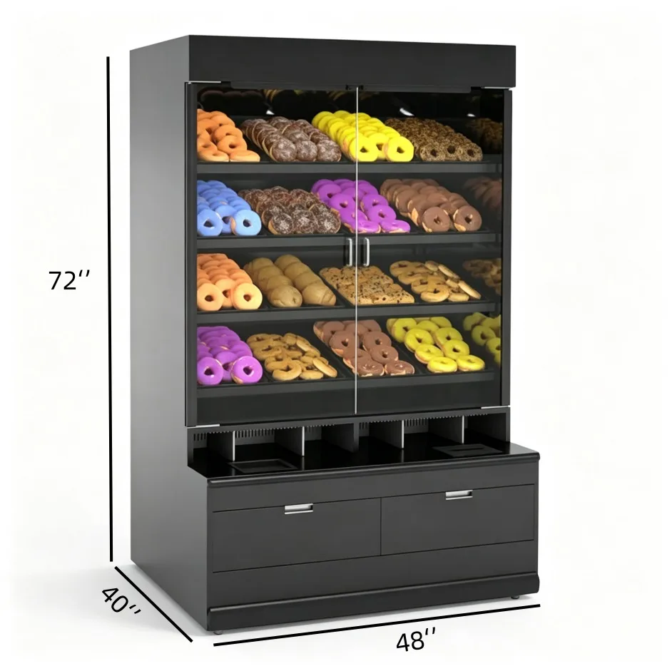 Black Stainless Steel Bakery Display Cabinet with Storage Drawers for Donut Pastry Retail Shop — product detail 1