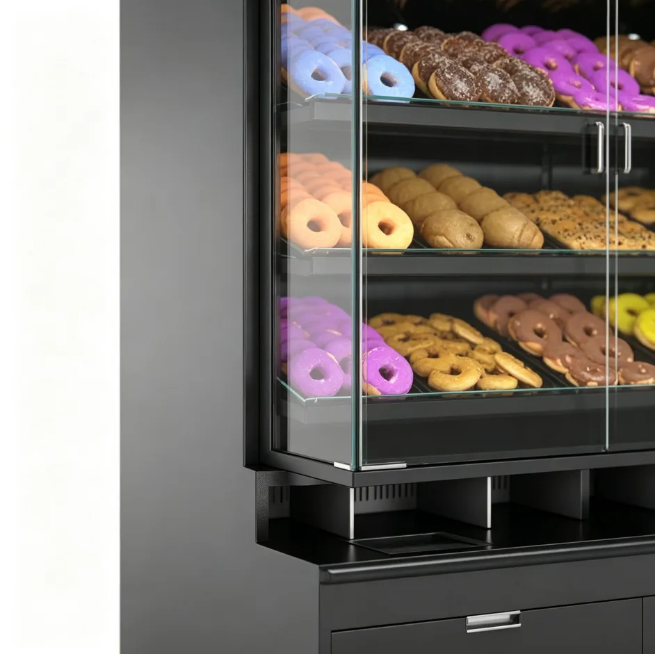 Black Stainless Steel Bakery Display Cabinet with Storage Drawers for Donut Pastry Retail Shop — view 3