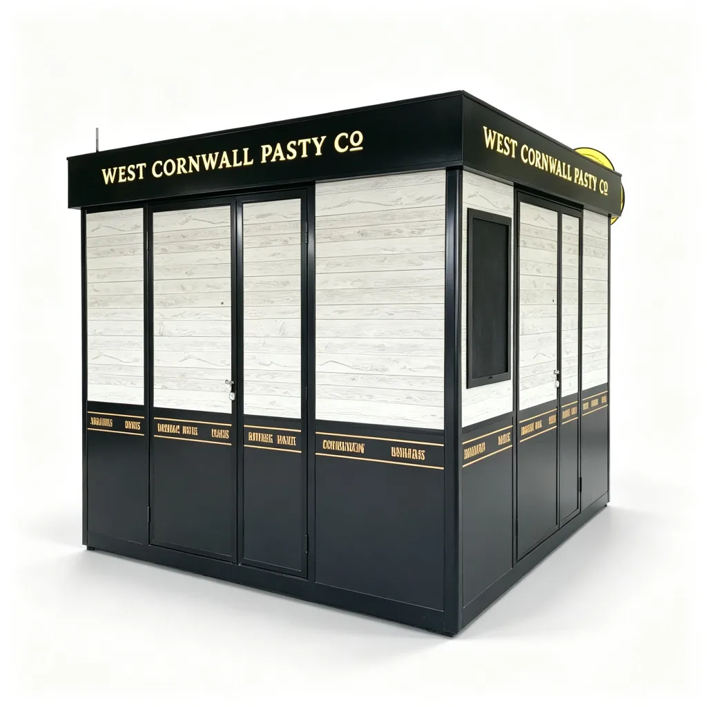 Black White Wood Train Station Pasty Food Kiosk with Glass Display and Coffee Service — view 4
