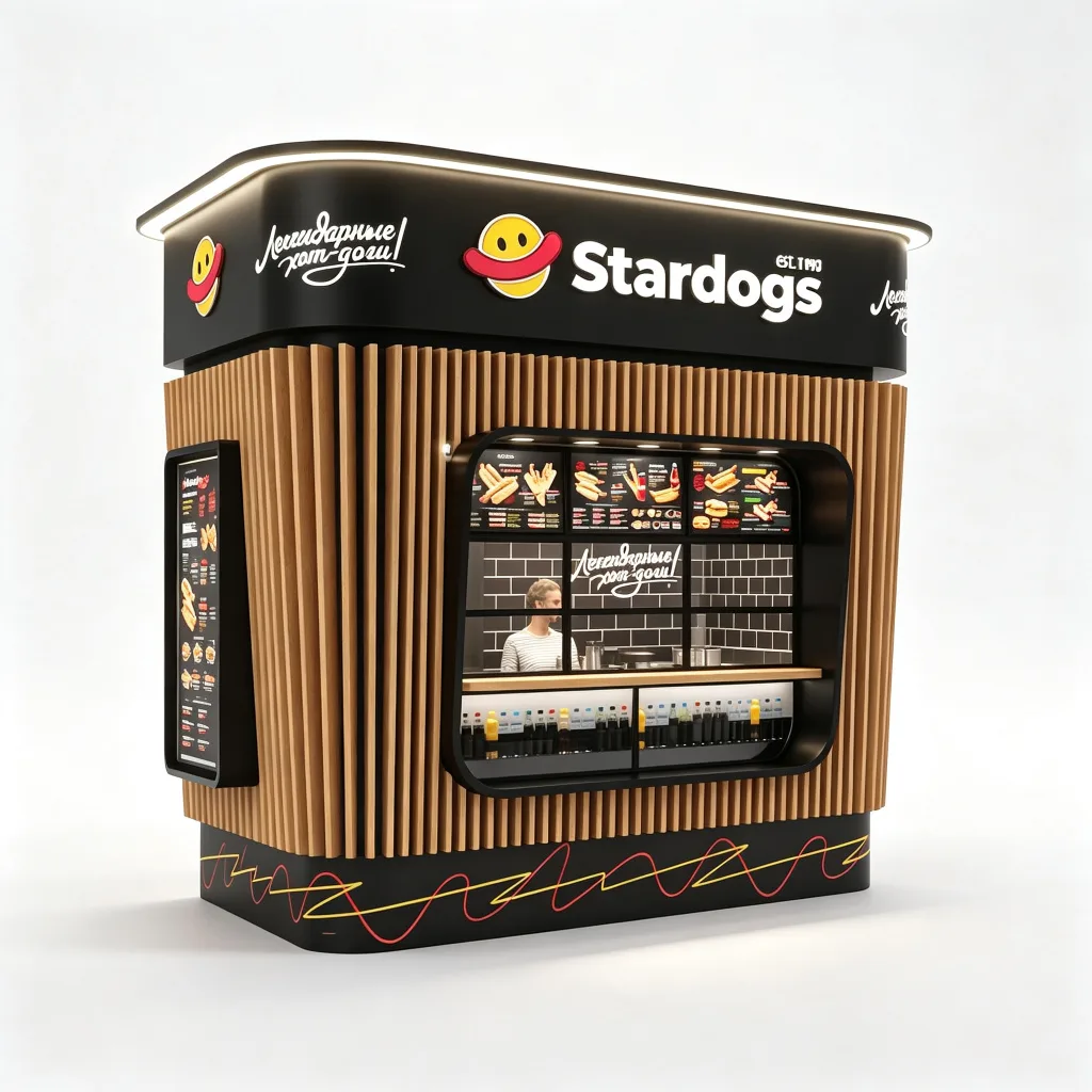 Black Wood Hot Dog Fast Food Kiosk with Menu Boards and Drink Display — view 4