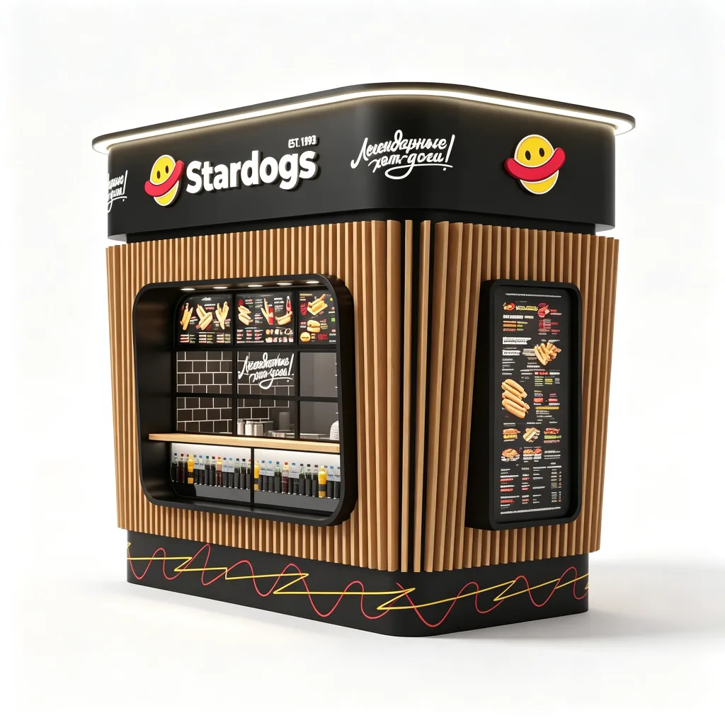 Black Wood Hot Dog Fast Food Kiosk with Menu Boards and Drink Display — view 3