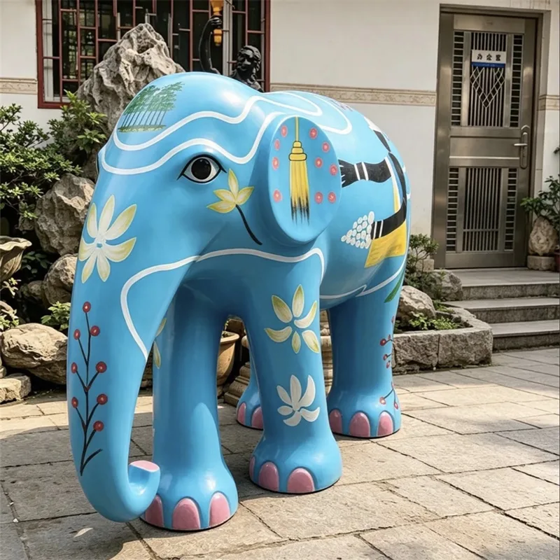 Blue Hand-Painted Elephant Fiberglass Sculpture | Outdoor Decor Piece for Malls, Hotels & Gardens — view 3