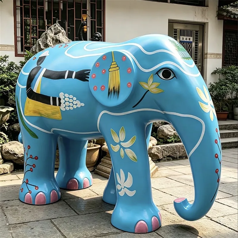 Blue Hand-Painted Elephant Fiberglass Sculpture | Outdoor Decor Piece for Malls, Hotels & Gardens — view 4