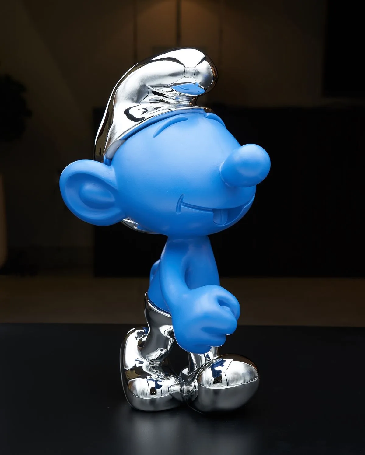 Blue Matte & Chrome Fiberglass Smurf Statue — Modern Mixed-Finish Art Sculpture for Luxury Retail & Gallery Display — view 3