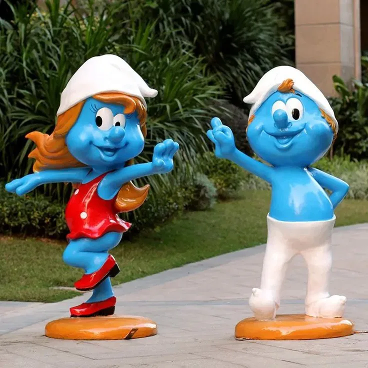 Blue & White Glossy Fiberglass Smurf Sculpture — Large Cartoon Character Statue for Theme Parks, Malls & Commercial Spaces