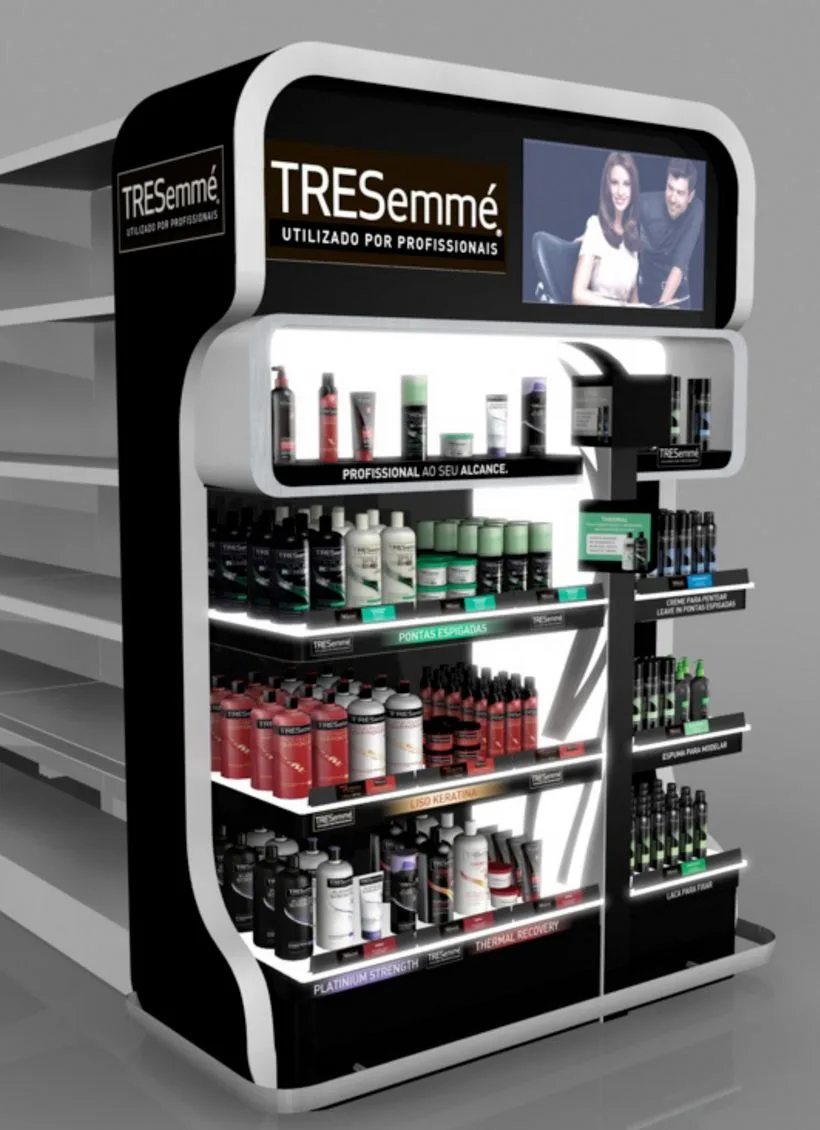 Branded Hair‑Care Display Kiosk With Digital Screen And LED Lit Shelves
