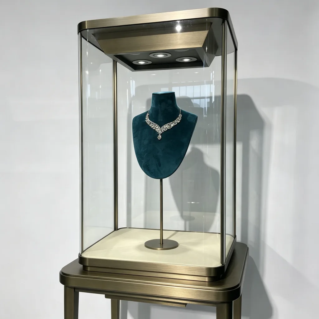 Close-up of overhead lights and a teal necklace bust inside a bronze-tone glass tower