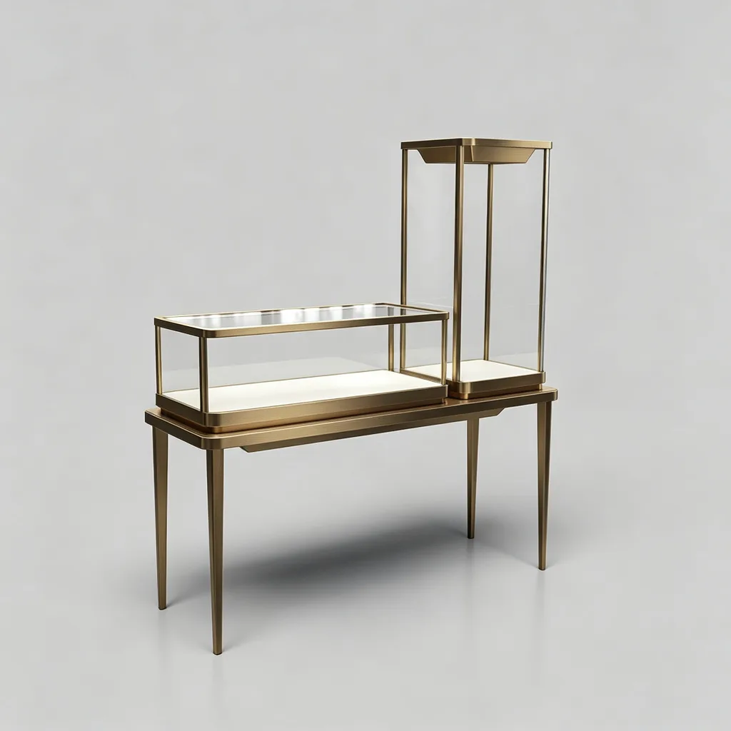 Empty bronze-tone jewelry console with low and tall glass display enclosures