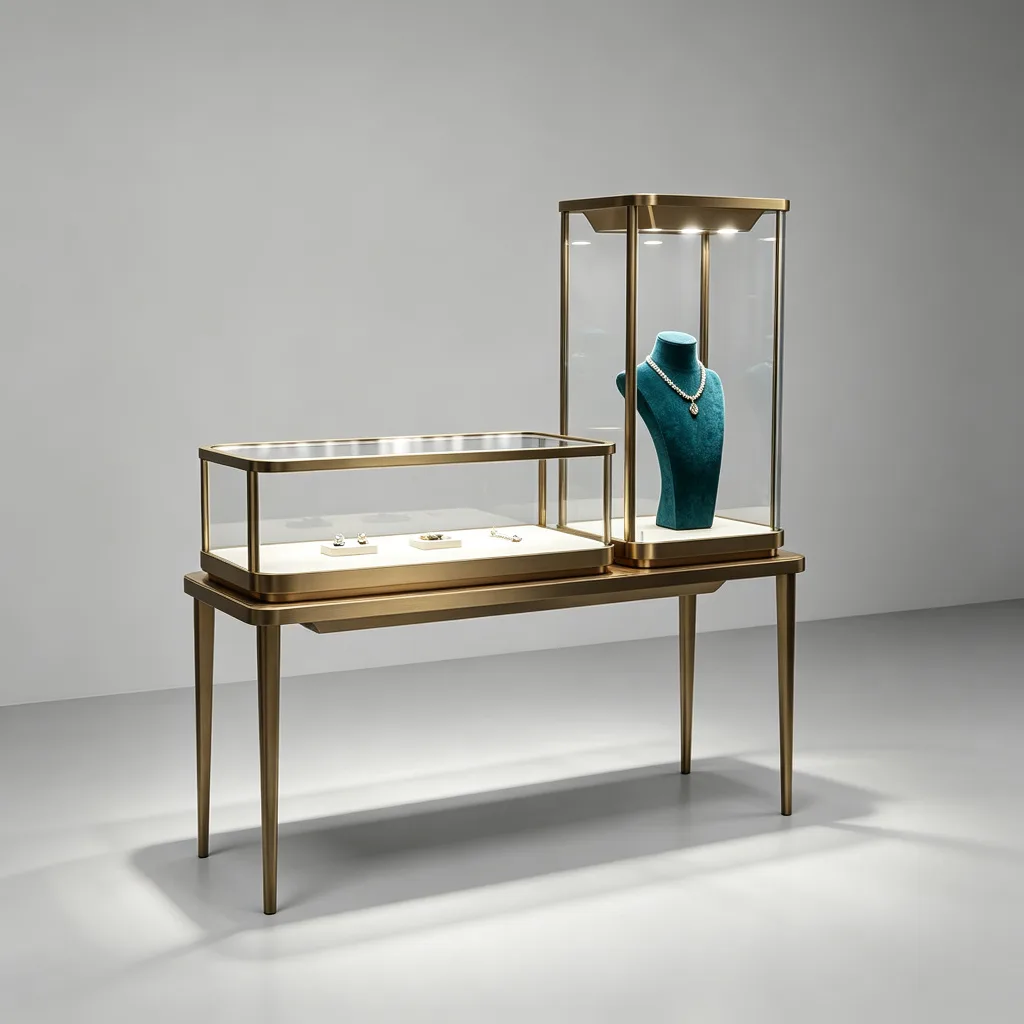 Bronze-tone jewelry display table with a low glass case and tall necklace tower