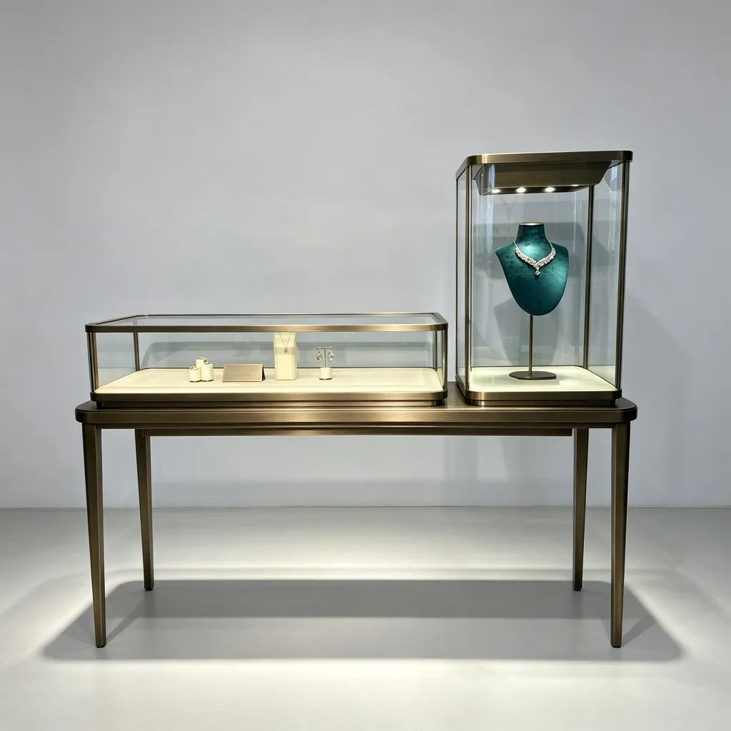Front view of a dual-height jewelry showcase with pale trays and a teal necklace bust