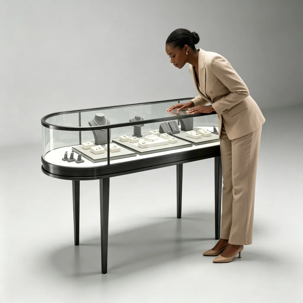 Person viewing jewelry in a dark-frame oval glass display table