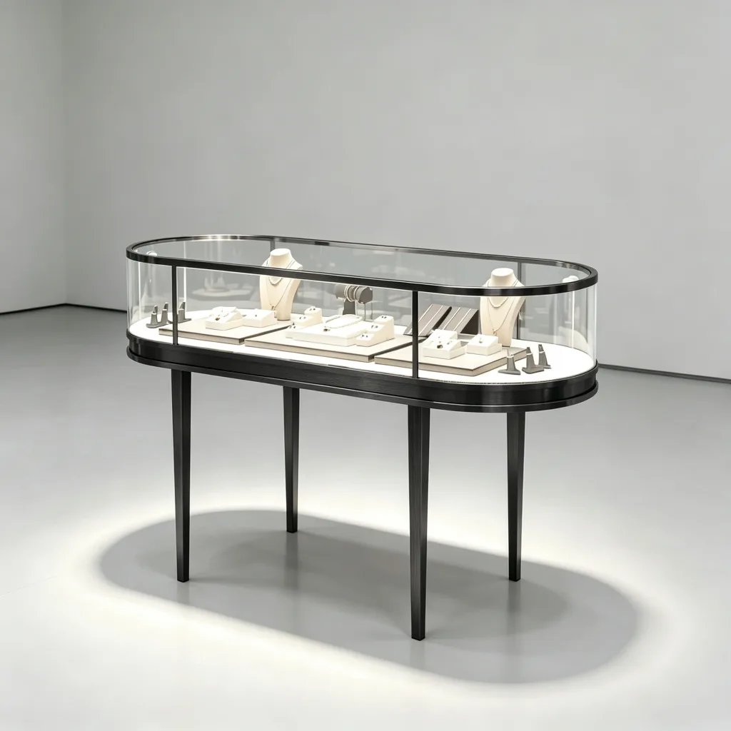 Dark-frame oval glass jewelry display table with rounded ends and pale presentation trays