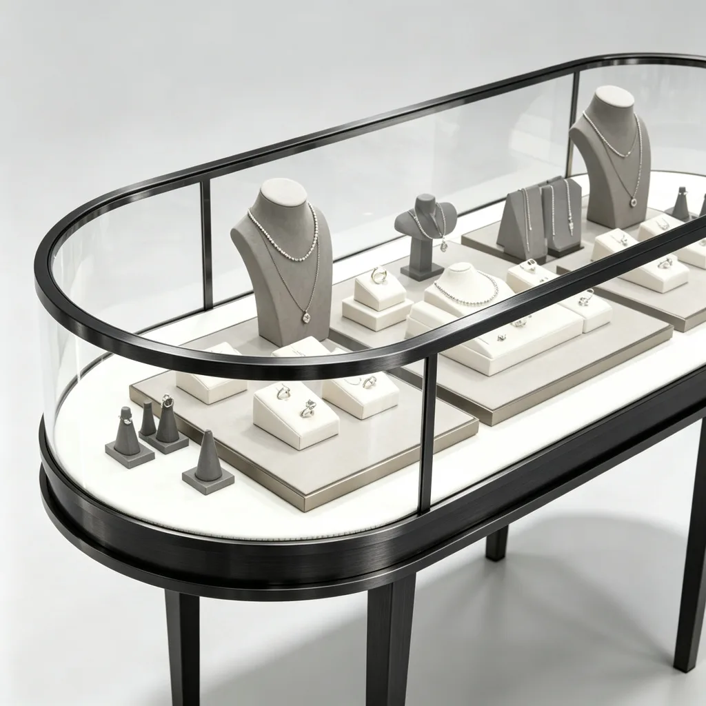 Close-up of jewelry trays and necklace supports inside a dark oval glass showcase