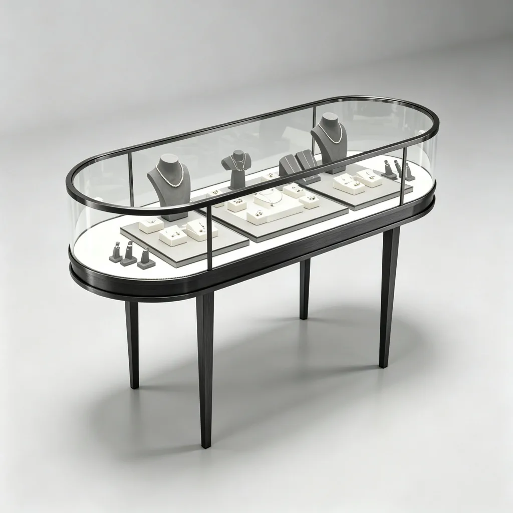 Angled view of an oval jewelry display table with necklace busts and ring trays