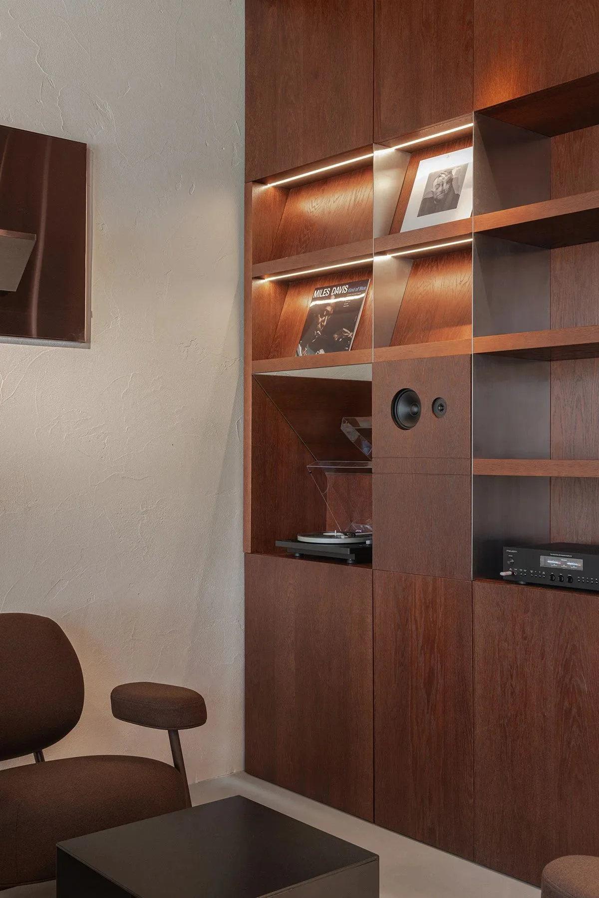 Built-In Dark Walnut Hi-Fi Vinyl Record Integrated Audio Storage Wall Cabinet — view 2