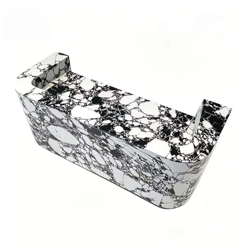 Bulgari marble u-shaped reception desk with rounded curved edges and inner storage cabinets — view 3
