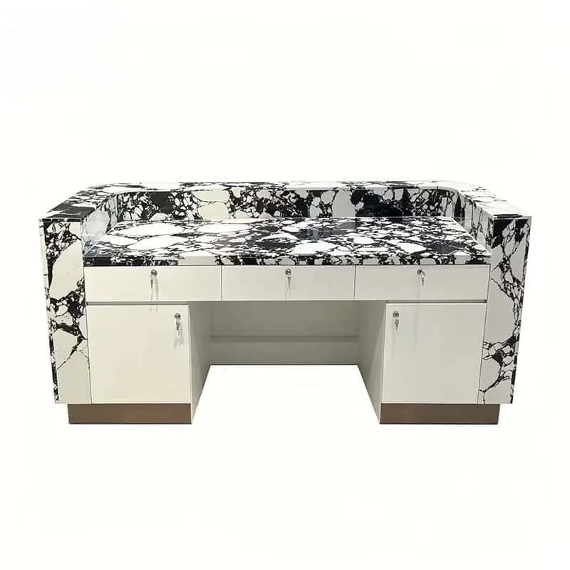 Bulgari marble u-shaped reception desk with rounded curved edges and inner storage cabinets — view 5