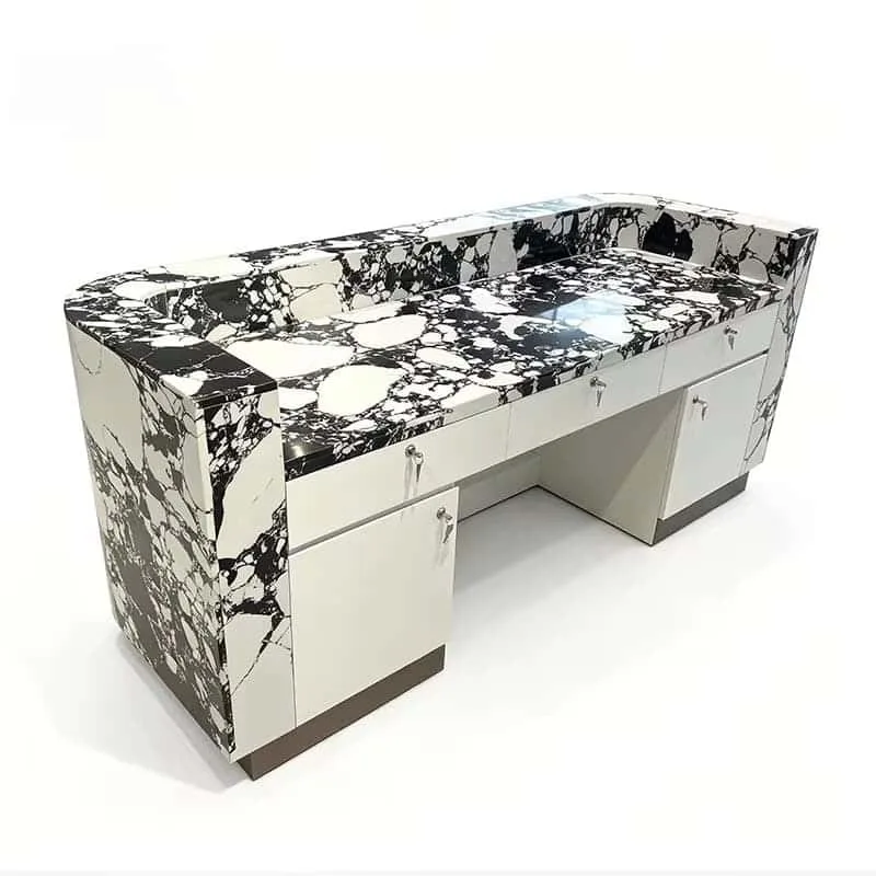 Bulgari marble u-shaped reception desk with rounded curved edges and inner storage cabinets — view 4