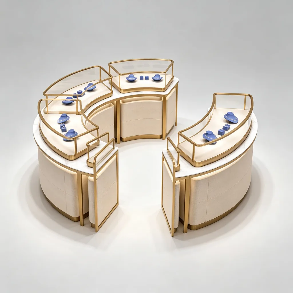 C-Shaped Modular Curved Jewelry Island Showcase Marble Top Gold Frame