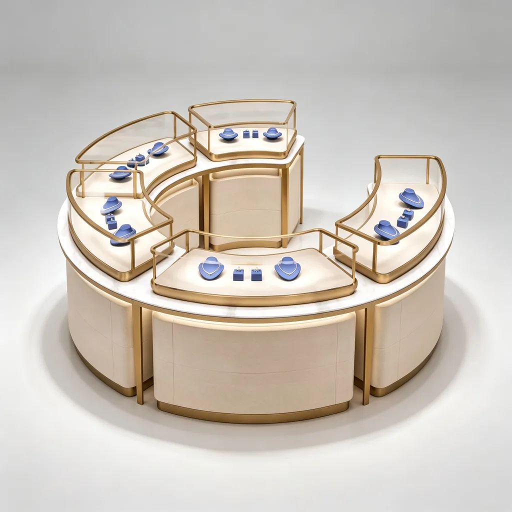 C-Shaped Modular Curved Jewelry Island Showcase Marble Top Gold Frame — view 4
