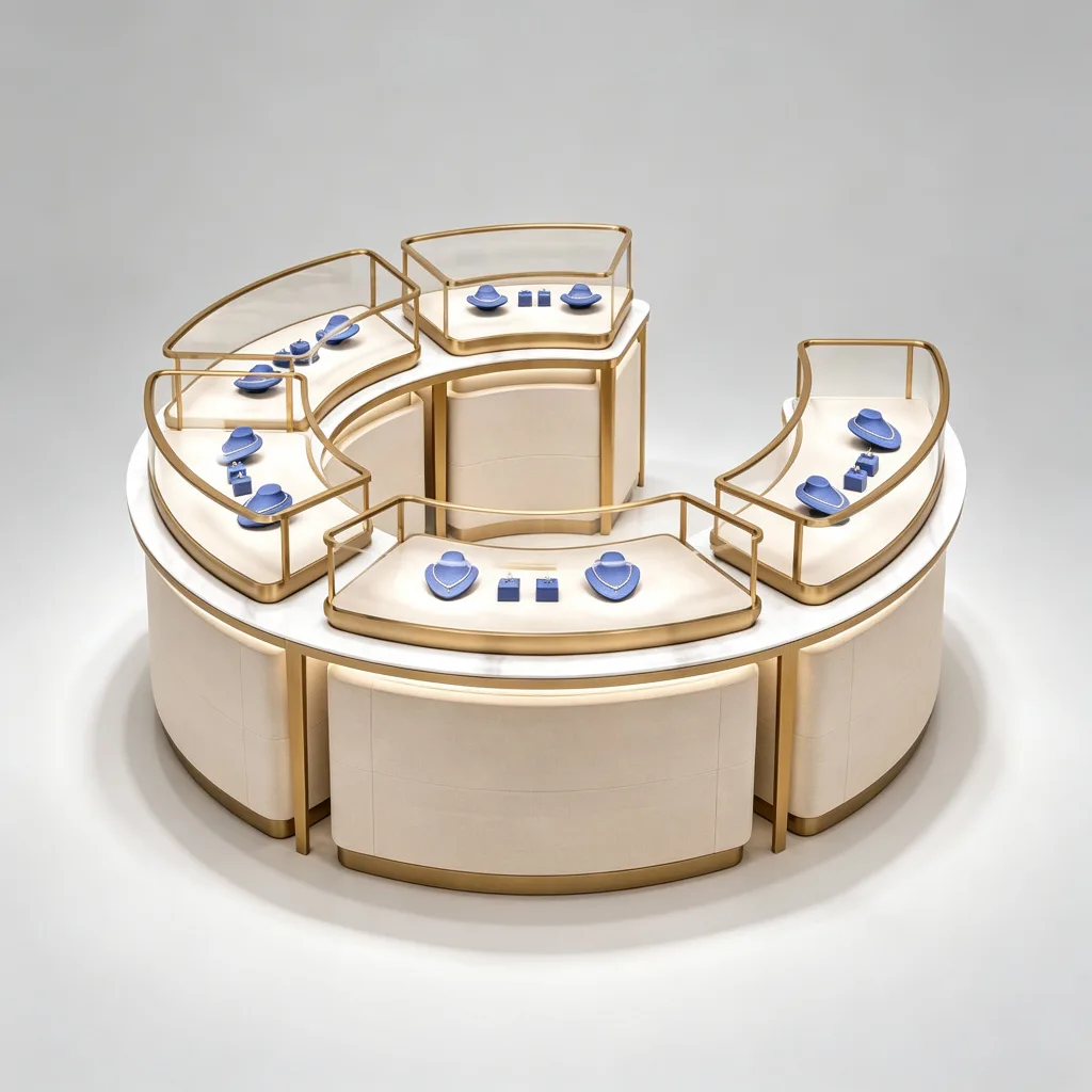 C-Shaped Modular Curved Jewelry Island Showcase Marble Top Gold Frame — view 3