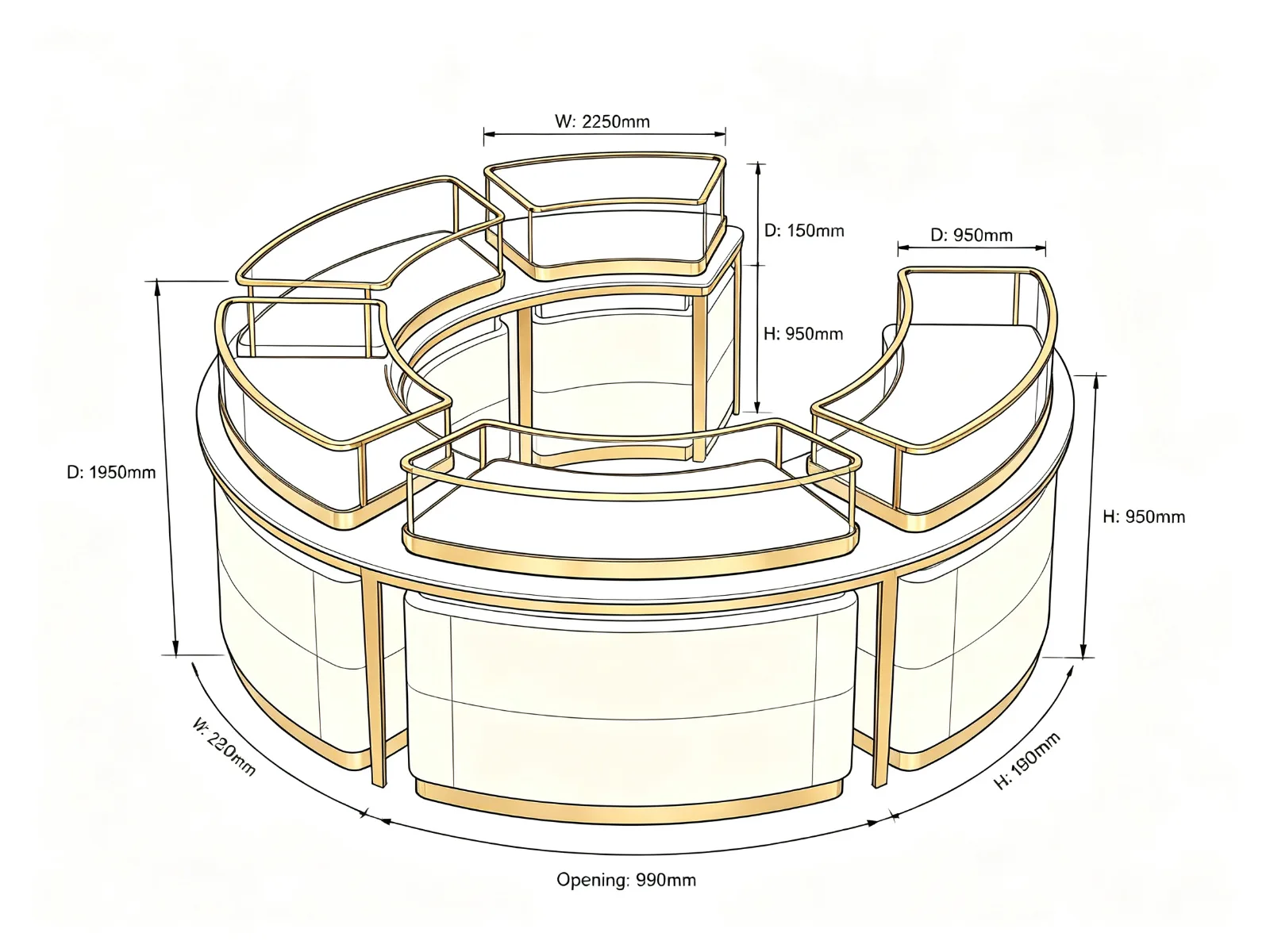 C-Shaped Modular Curved Jewelry Island Showcase Marble Top Gold Frame — product detail 1