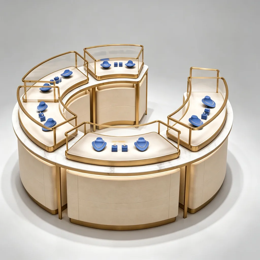 C-Shaped Modular Curved Jewelry Island Showcase Marble Top Gold Frame — view 2