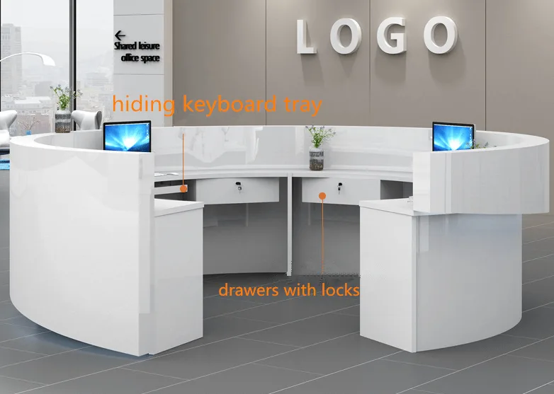 C-shaped office reception desk & Round stylish and simple White hotel front desk — view 2