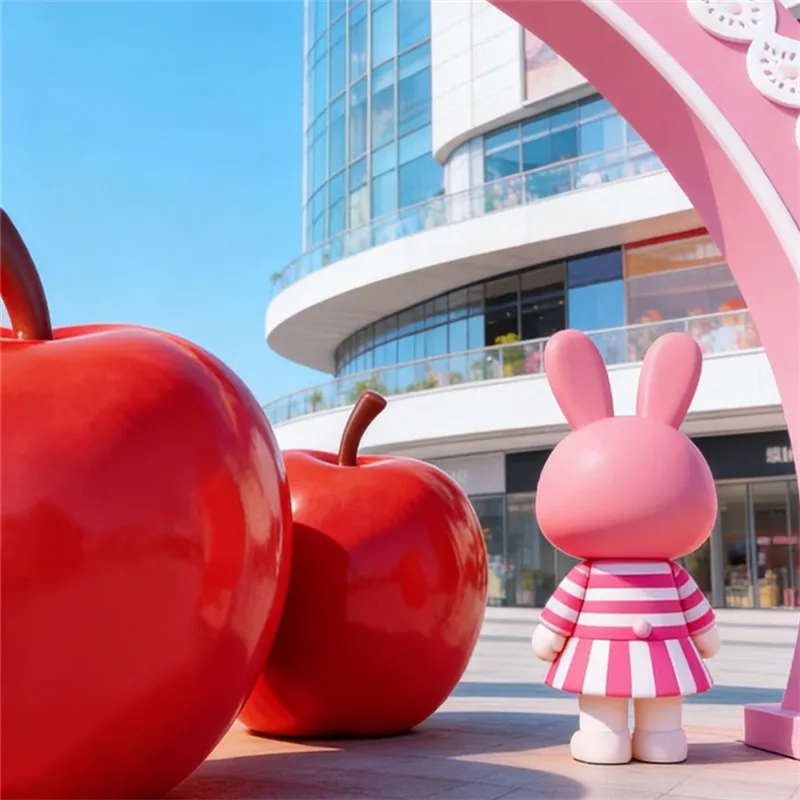 Cartoon Apple & Rabbit Fiberglass Sculpture | Outdoor Photo Spot Arch | Eye-catching Decor for Malls & Kids Parks — view 3