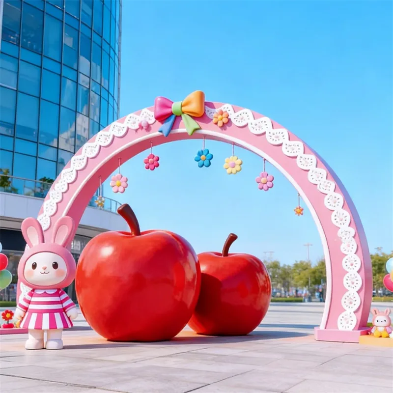 Cartoon Apple & Rabbit Fiberglass Sculpture | Outdoor Photo Spot Arch | Eye-catching Decor for Malls & Kids Parks — view 4