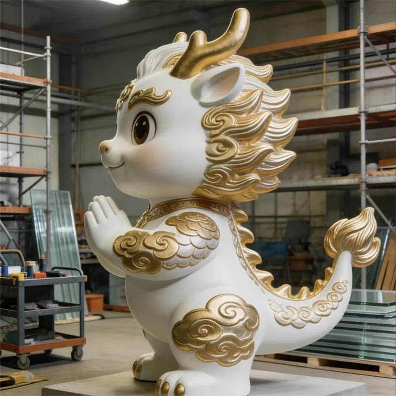 Cartoon Dragon Fiberglass Sculpture | Mall IP Mascot Statue | Outdoor Plaza White-Gold Auspicious Dragon Decor — view 3