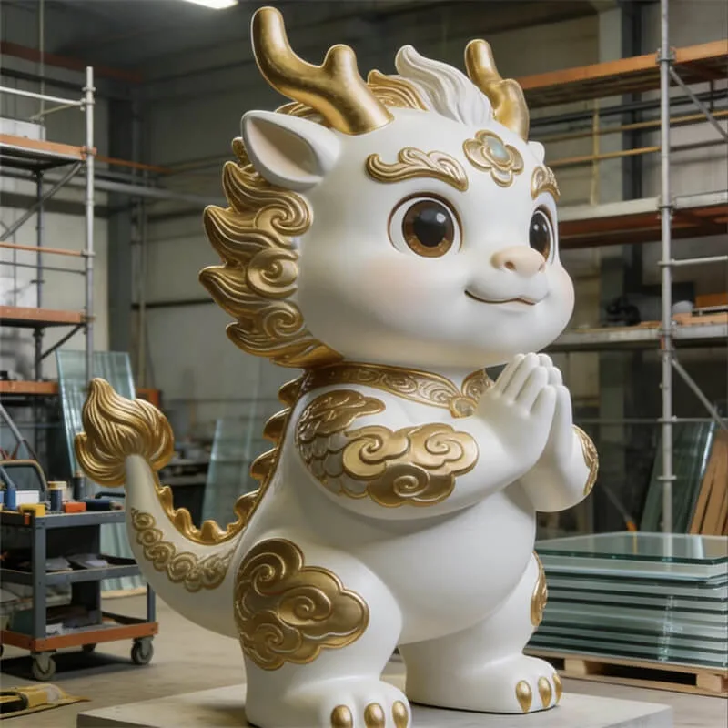 Cartoon Dragon Fiberglass Sculpture | Mall IP Mascot Statue | Outdoor Plaza White-Gold Auspicious Dragon Decor — view 4