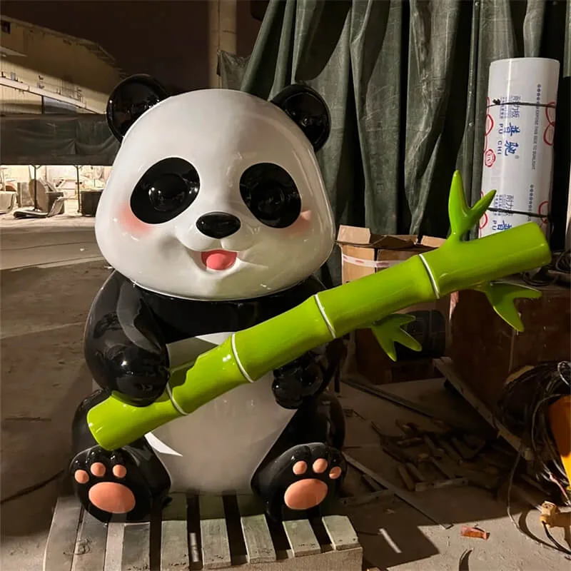 Cartoon Fiberglass Panda Sculpture Holding Bamboo & Koi Fish – Internet-Famous Landscape Statue For Scenic Spots & Chinese Style Malls — view 3